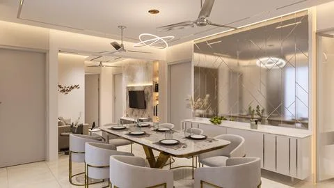 Creating a Cozy Dining Space Luxury Interior Design with Craft Wooden Table.. Stock-Illustration
