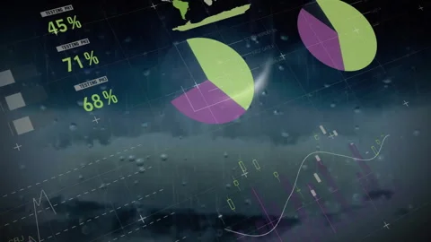 Creating data visualization with pie charts and graphs on stormy weather Stock Footage 303947896