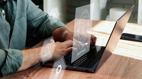Creating deep fake content using a laptop with virtual overlays showing digital Stock Photos