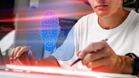 Creating deep fake content using technology and computer software in a modern Stock-Fotos