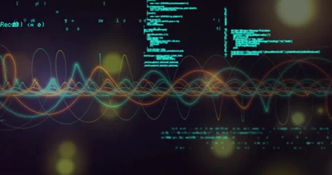 Creating digital data visualization concept with colorful waveforms and coding Stock Footage 303675747