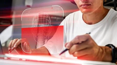Creating a digital face using deep fake technology during a late-night session Stock Photos