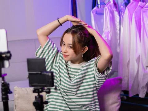 Creating engaging content home studio video recording indoor front view creative 스톡 사진