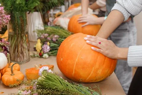Creating a floral composition in a pumpkin. Making decor with your own hands. Stock Photos
