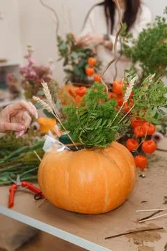 Creating a floral composition in a pumpkin. Making decor with your own hands. Stock Photos