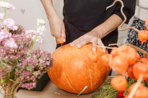 Creating a floral composition in a pumpkin. Making decor with your own hands. Stock-Fotos