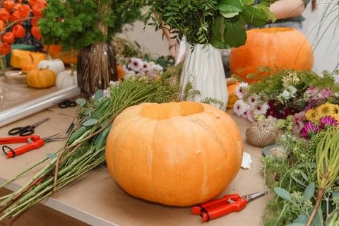 Creating a floral composition in a pumpkin. Making decor with your own hands. Foto stock