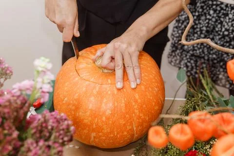 Creating a floral composition in a pumpkin. Making decor with your own hands. Stock Photos