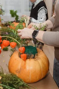 Creating a floral composition in a pumpkin. Making decor with your own hands. Stock Photos