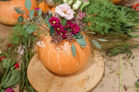 Creating a floral composition in a pumpkin. Making decor with your own hands. Foto stock
