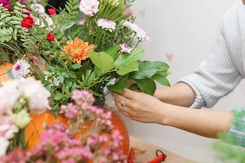 Creating a floral composition in a pumpkin. Making decor with your own hands. Stock Photos
