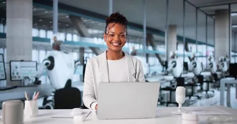 Creating Futuristic AI Robots In Virtual Office: American Female Developer Stock Photos