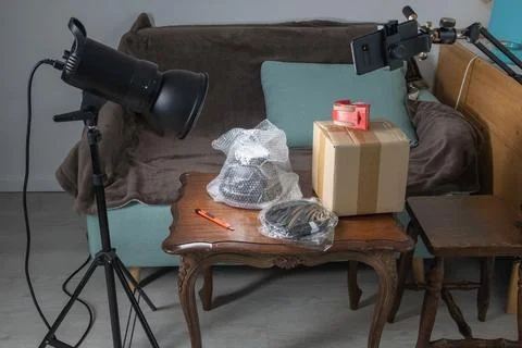 Creating a home studio setup for unboxing products,smartphone recording Stock Photos