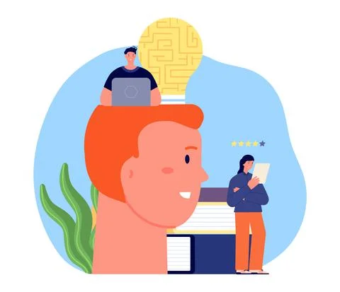 Creating ideas. People thinking, work with computer and read. Education Stock Illustration