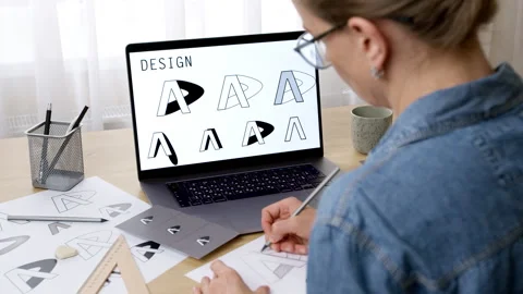 Creating a logo sketch using a computer. A female designer working on a branding Stock-Footage 303902028