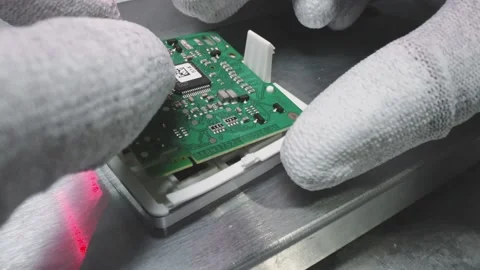 Creating MicroChips Electronics Close Up Macro Inside Factory Vídeo Stock 142134496