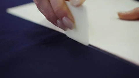Creating pattern, drawing with soap, chalk. Modeling of sewn product. Stock Footage 268179842