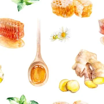 Creating a pattern with honeycomb, ginger, mint, and chamomile for a vibrant and Illustrazione stock