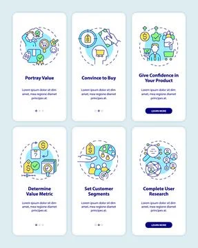 Creating pricing strategy for product onboarding mobile app screen set Illustrazione stock