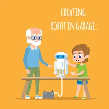 Creating Robot in Garage with Family. Tech Sciense Stock Illustration