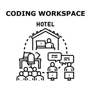 Creating software in hotel workspace concept Stockillustratie