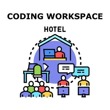 Creating software in hotel workspace concept 库存插图