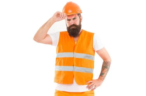 Creating solid foundation. Man protective hard hat and uniform white background Stock Photos