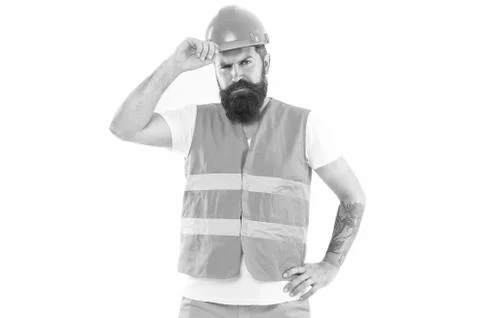 Creating solid foundation. Man protective hard hat and uniform white background Stock Photos