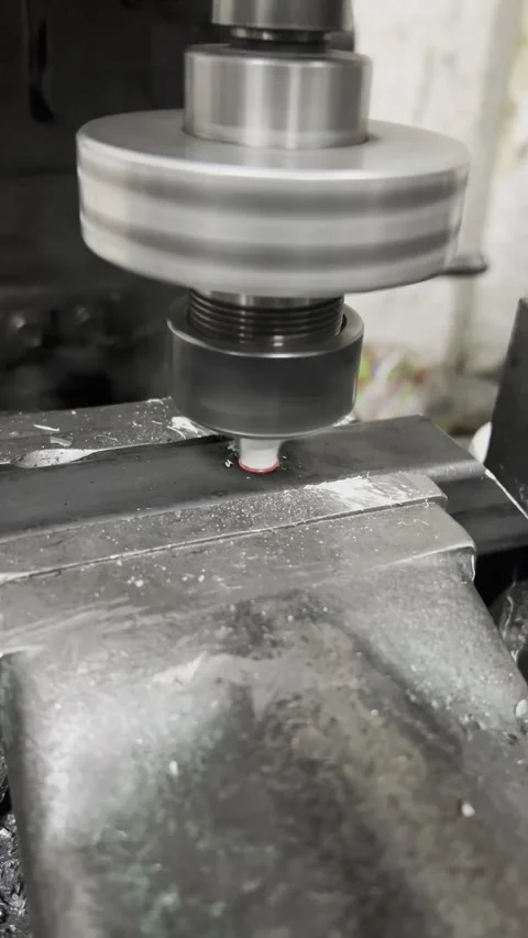 Creating Threaded Hole in Metal, Industrial Machining and Manufacturing Process Stock Footage 329315890