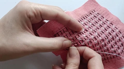 Creating a Traditional Inspired Sashiko Pattern. Stock Footage 344923451