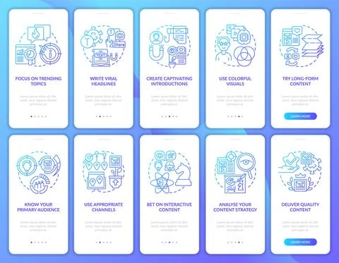Creating trendy content onboarding mobile app page screens set Illustrazione stock