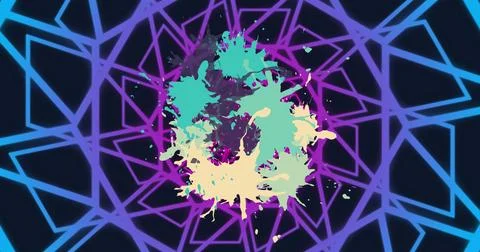 Creating vibrant geometric pattern, colorful paint splashes on dark background Stock Photos