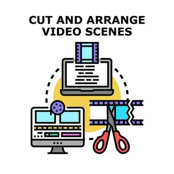 Creating video content on computer screen and cutting scenes Illustrazione stock