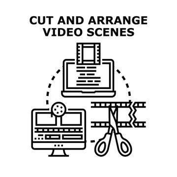Creating video content on computer screen and cutting scenes Stock Illustration
