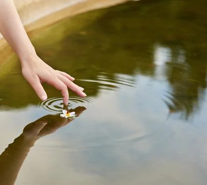 Creating wavelets. a finger touching water to form ripples. Stock Photos