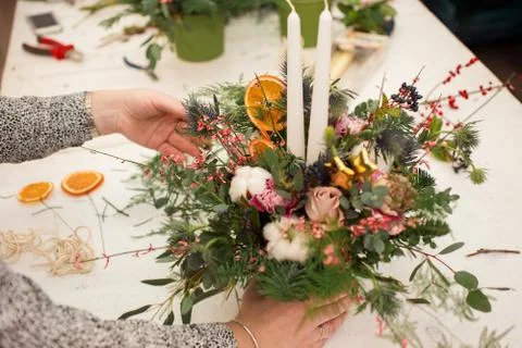 Creating a wonderful composition cotton, cones, fir, magical variety carnations Stock-Fotos