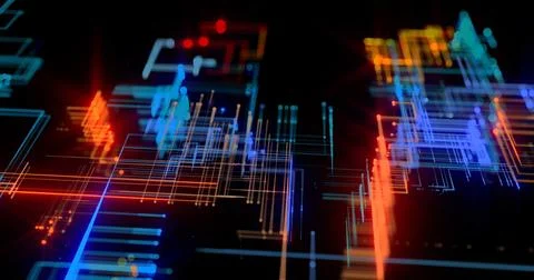 Creation of 3d composition rectangular glow grids. Information technology Stock Illustration