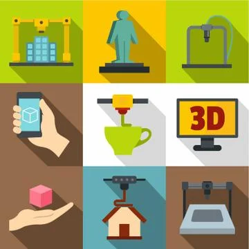Creation on a 3d machine icons set, flat style Stock Illustration