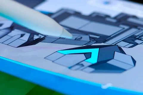 Creation of 3D model using a pencil on the screen of the tablet. Stock Photos