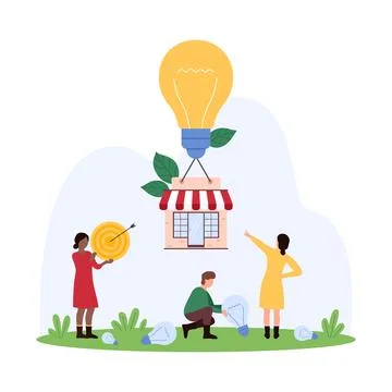 Creation and development of commercial startup, small shop building flying to Ilustración de archivo