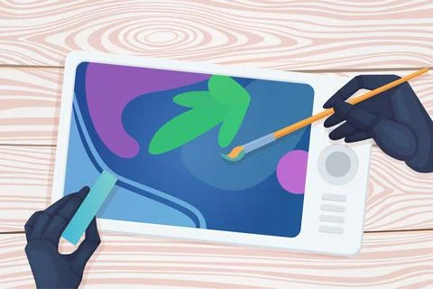 Creation of artwork, AI design, table top view with robot hands painting image Stock Illustration