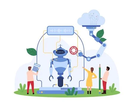 Creation of chat bot, assistant with AI, tiny people and robotic arm building Illustration