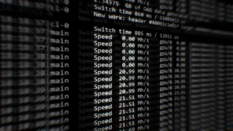 Creation of digital coins crypto currency mining speed hash rate computer scr Stock Footage 123869718