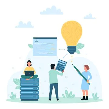 Creation of digital projects, design technology, tiny people create new digital 스톡 일러스트