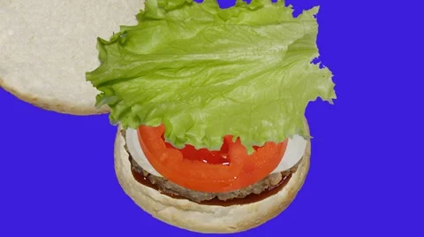 Creation of a hamburger on a blue background Video stock 61076343