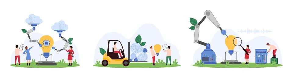 Creation of innovation, digital tech projects with AI help, quality and value of Stock Illustration