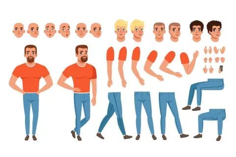 Creation set of young man, constructor for animation. Full length character Stock Illustration