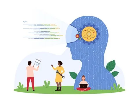 Creation of software code with help of AI, app development and programming by Stock Illustration
