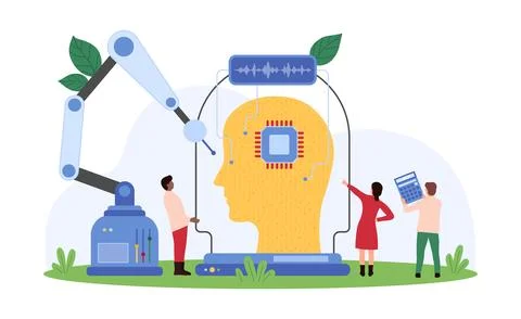 Creation of virtual assistant, AI technology engineering by tiny people and Ilustración de archivo