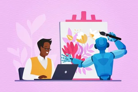 Creation of visual content with AI, automation of digital art by author sitting Stockillustratie